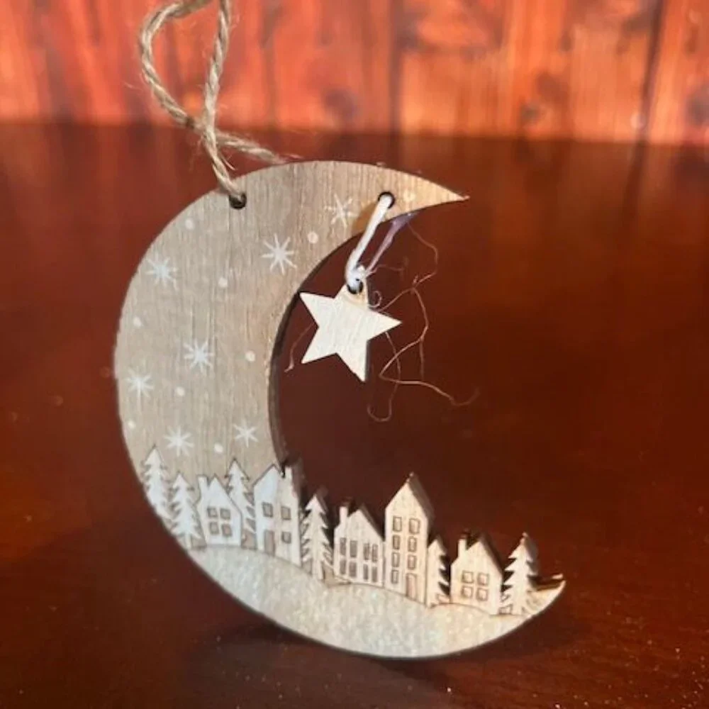 Set Of 4 Wooden Christmas House christmas Ornaments With Reindeer , Snowman,moon
